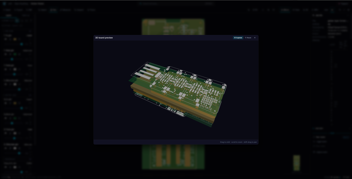 Gerber Viewer showing a PCB rendered in 3D with green soldermask, copper pads, and components, plus side panels for layer controls and properties.