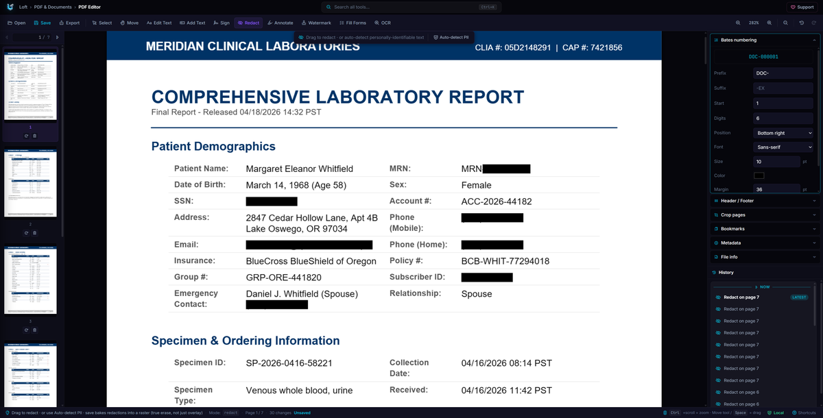 PDF Editor showing a redacted lab report with sensitive patient information blacked out, with a thumbnail panel on the left and tools sidebar on the right.