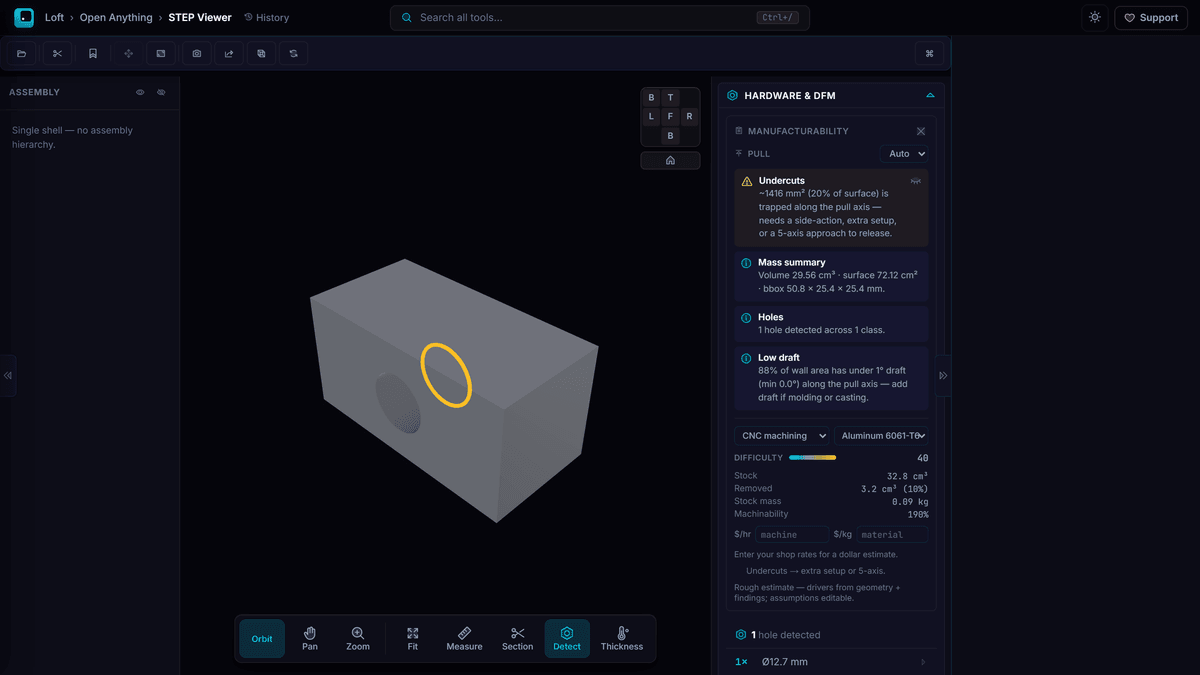 STEP Viewer showing a 3D mechanical part with detected holes ringed, a hardware bill-of-materials panel, and a manufacturability readout.
